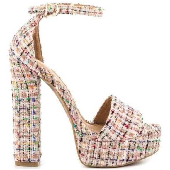 ❤️ Chinese Laundry 8 1/2 Tweed Tan High Heel Ankle Strap Buckle Close NWOB! - Picture 1 of 6